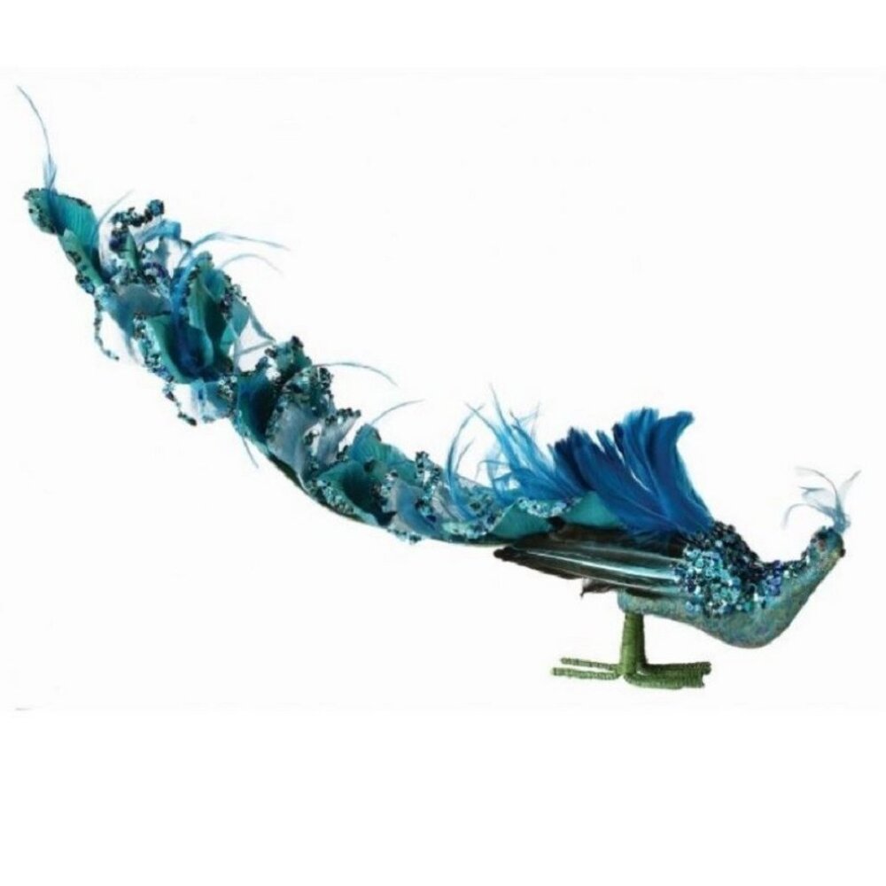 Large 23" Sequin Teal / Blue Feathered Peacock Christmas Ornament
